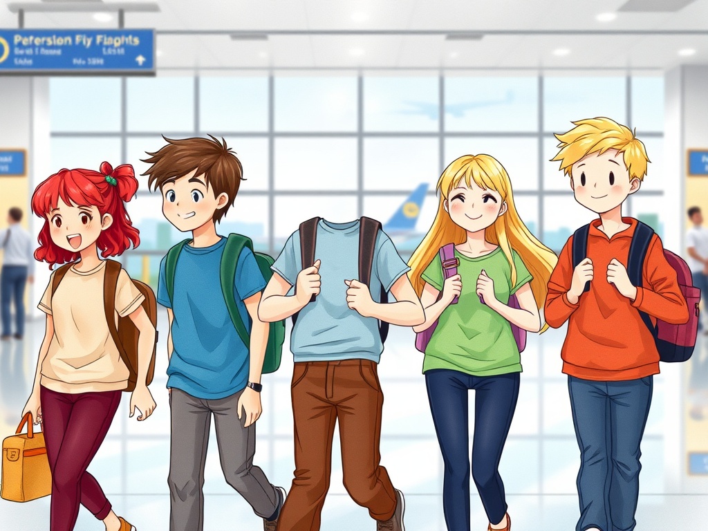 A group of colorful, stylized, anime-inspired characters are joyfully walking through an airport terminal. They include two girls and two boys, all of whom are carrying backpacks and appear excited, as indicated by their smiles and animated expressions. The airport setting is suggested by signs and windows showing airplanes outside.