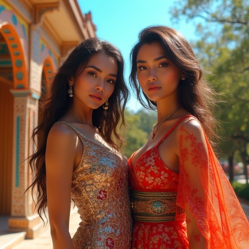 A scene with two women from different cultures in an Indian landscape. Bright sunlight illuminates them. One woman has a floral dress, the other wears a kimono-style outfit. Background shows Indian architecture and greenery. Both women share a bond and cultural richness.