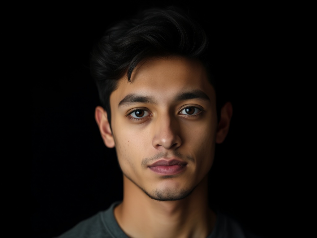 A young man with dark hair and expressive eyes gazes at the camera against a black background.