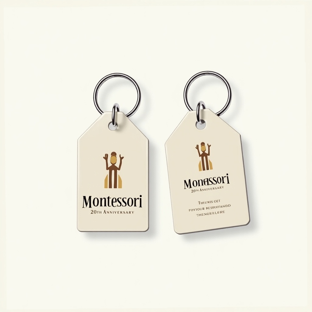 Create a key tag design that features the Montessori logo prominently. The design should also include the text 'Montessori 20th Anniversary'. The left side of the key tag should have space left free for customization or personal messages. Use a simple and elegant aesthetic, focusing on readability and brand identity. The colors should be soft and inviting, making it suitable for an educational theme.