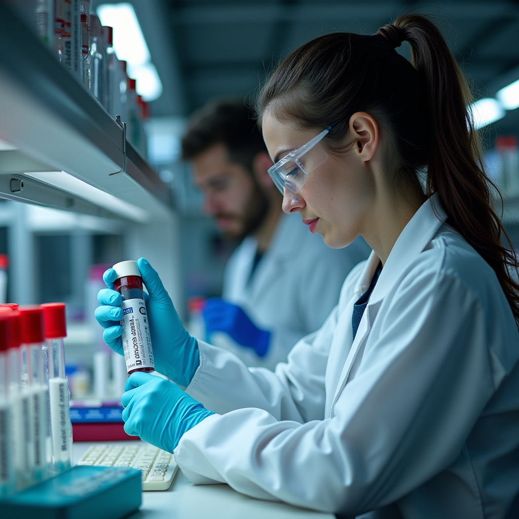 The image shows a laboratory setting where a female scientist is examining a test tube containing a red liquid, possibly blood or a chemical sample. She is wearing safety goggles, a white lab coat, and blue gloves, indicating a controlled and sterile environment. Behind her is a male scientist, also in a lab coat, engaged in a similar task. The lab is well-organized, with several labeled test tubes lined up on a shelf. The atmosphere conveys professionalism and concentration, highlighting the meticulous nature of scientific research.