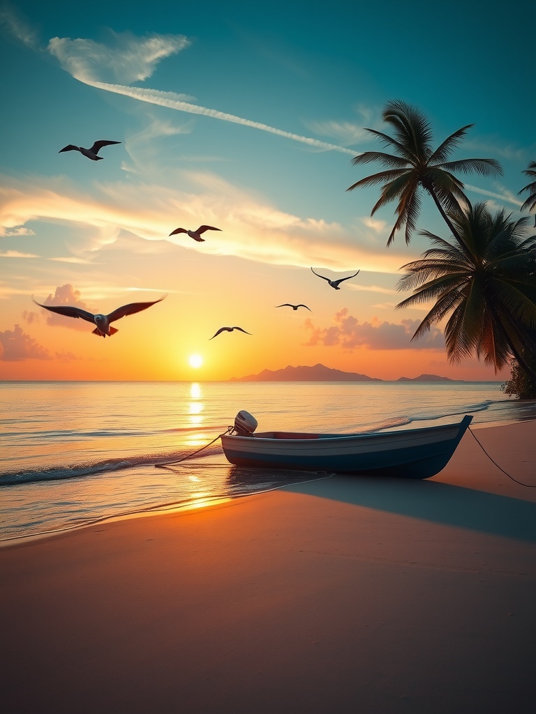 This image captures a tranquil beach scene at sunset. A small boat is gently moored on the wet sand, reflecting the warm, golden hues of the setting sun. Palm trees are silhouetted against a colorful sky, painted with gradients of orange and blue, while seagulls soar gracefully above the calm sea. The atmosphere is peaceful and idyllic, inviting the viewer into a moment of quiet contemplation.