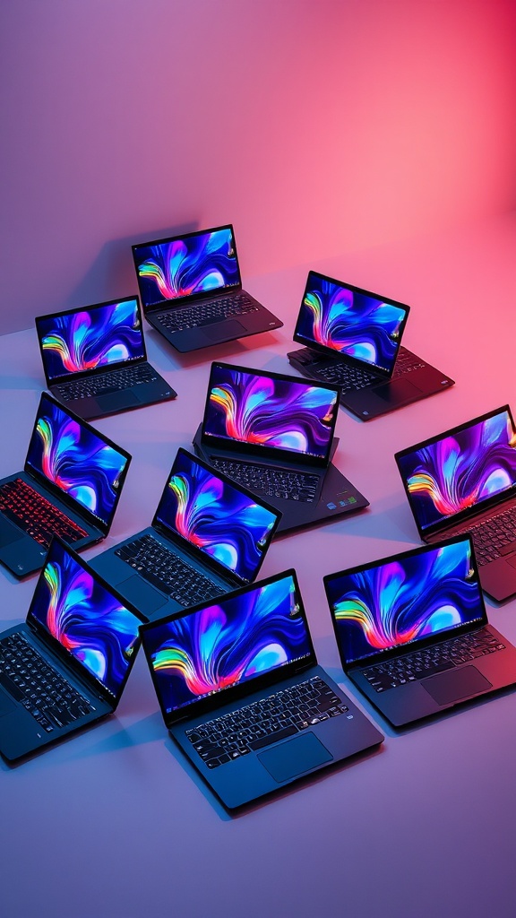 A circle of laptops with colorful swirling screens under blue and pink lighting.