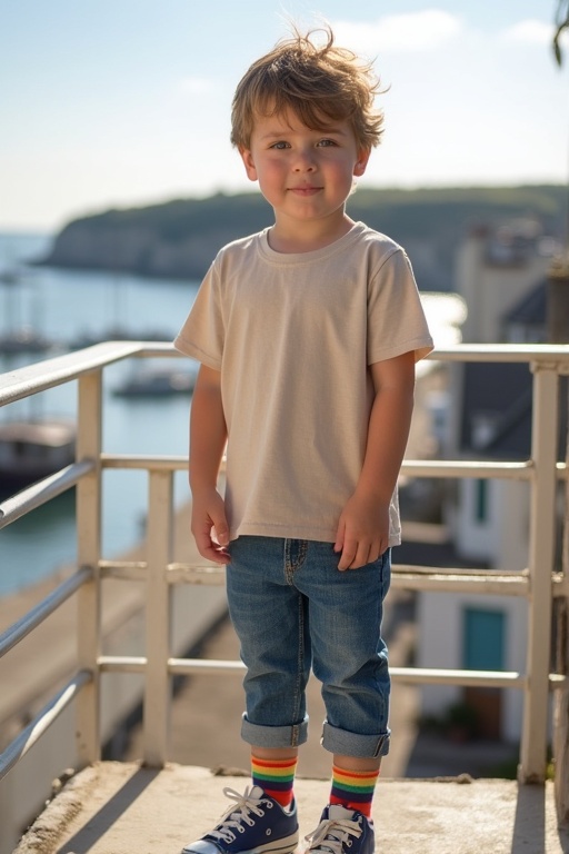 A young boy stands on a balcony wearing a natural T-shirt and blue jeans. He has colorful ankle socks and sneakers. His light brown hair is tousled. The background shows a sunny harbor in Normandy, creating a peaceful atmosphere.