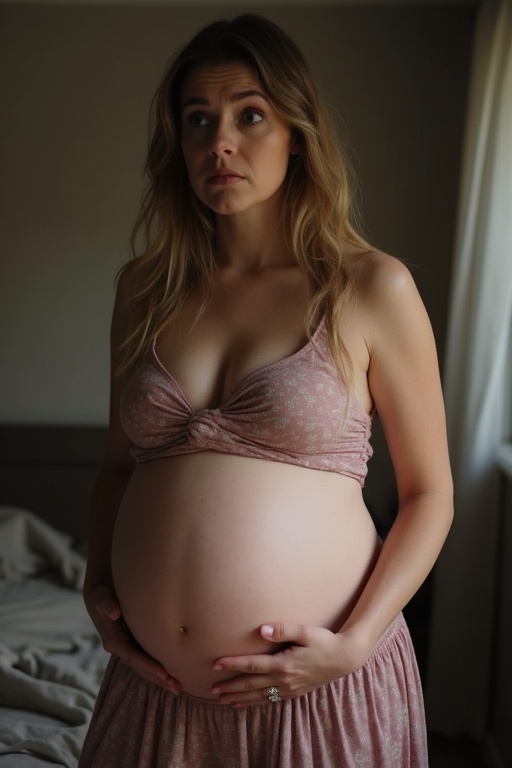 A 48 year old pregnant mother appears scared and stands by the window. She wears a soft pink dress. The focus is on her pregnant belly. The room has natural light and a calming ambiance.