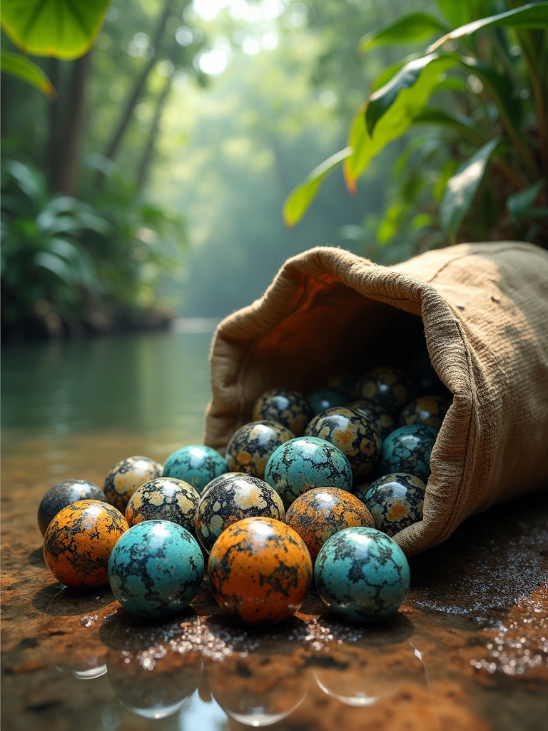 Hyper-realistic marbles made of oxidized striped tiger shark skin spill out of a worn sack. The sack is crafted from various colors and textures of shark skin. The setting resembles a lush river basin in the Amazon.