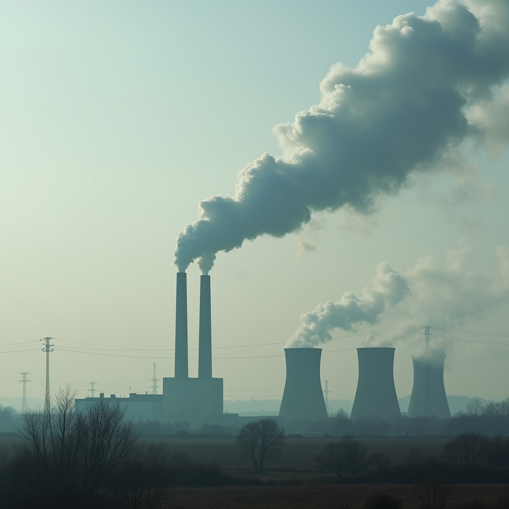 A power plant with tall chimneys emitting thick smoke against a hazy sky.