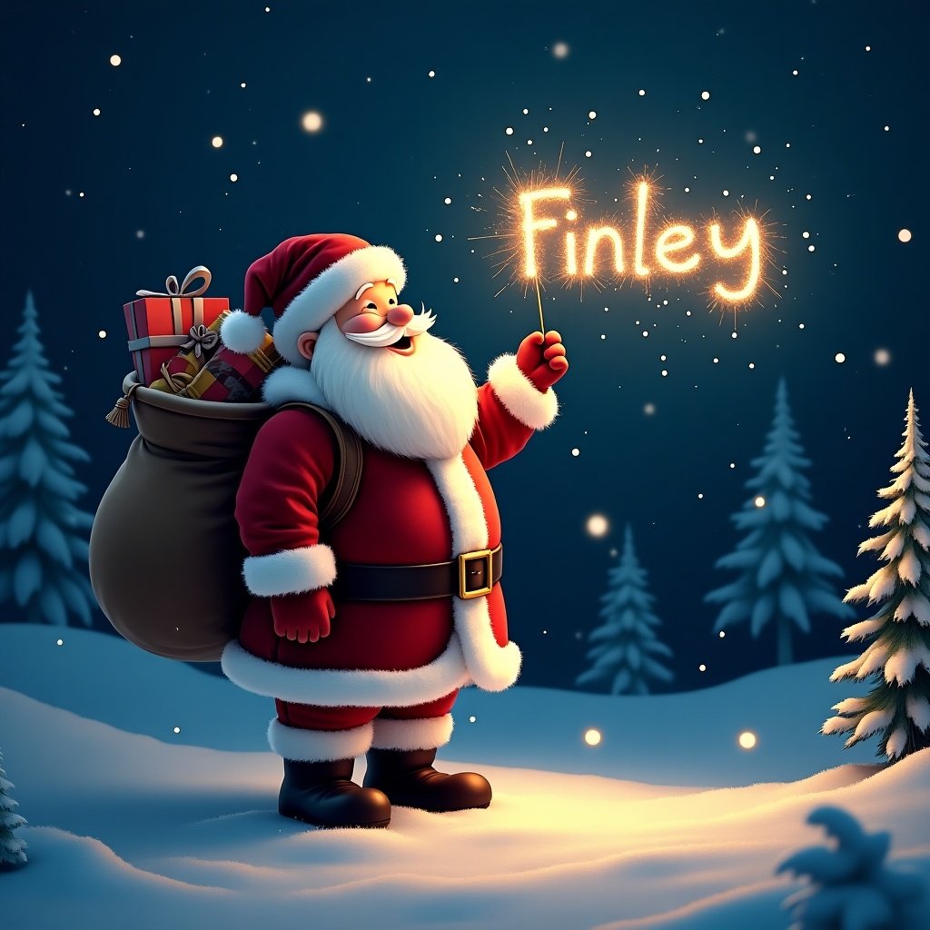 Santa Claus in a snowy landscape at night. Holding a sparkler. Writing the name 'Finley' in sparkling letters. Gifts in a bag on his back. Winter trees in the background. Scene radiates wonder.