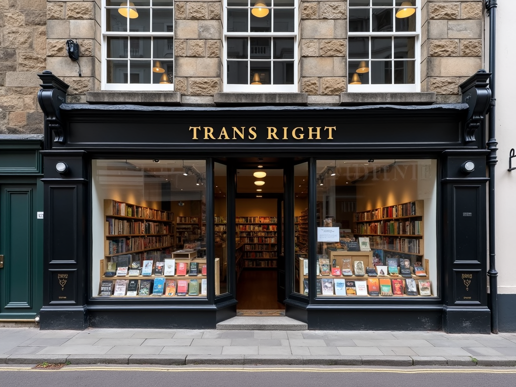 A charming bookstore with prominent signage advocating for trans rights.