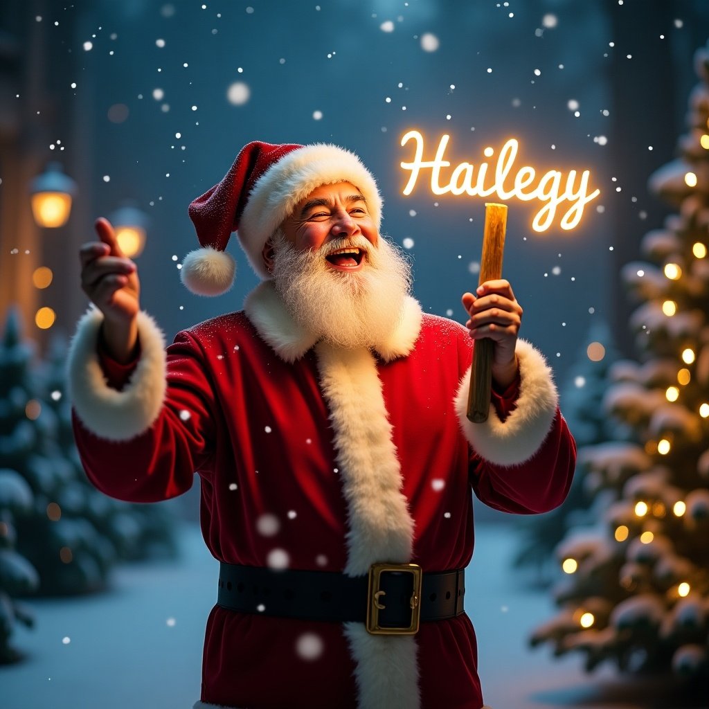 The image depicts a jolly Santa Claus celebrating Christmas night. He wears a traditional red suit and white fur trim, surrounded by softly falling snow. Santa is joyfully holding a glowing stick that lights up the word 'Haileigh.' The background features twinkling fairy lights and gently illuminated Christmas trees. This scene evokes a sense of warmth and magic associated with the holiday season.