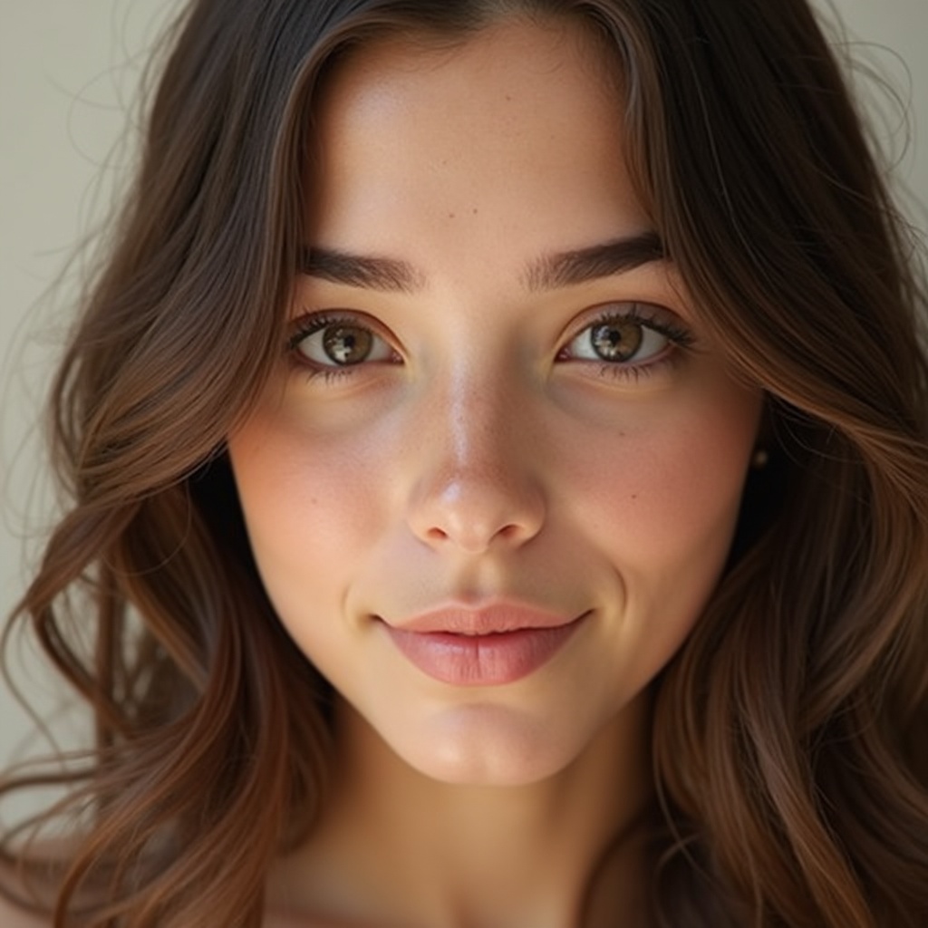 Close-up portrait of a young woman with soft features and natural makeup. She has long, wavy hair. Gentle expression on her face. Soft lighting highlights features. Simple background. Warm and soft tones enhance aesthetic.