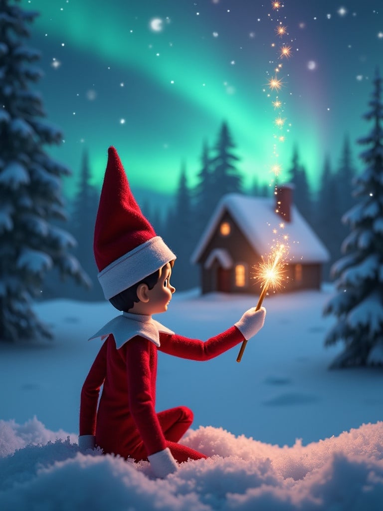 An elf sits with its back to the viewer holding a glowing wand. The elf gazes skyward at colorful northern lights. A cozy house is visible in the distance. Snow covers the ground. The scene embodies Christmas magic and wonder. The names Milan Rodrigo Angellee and Delilah appear faintly in the air from the wand.