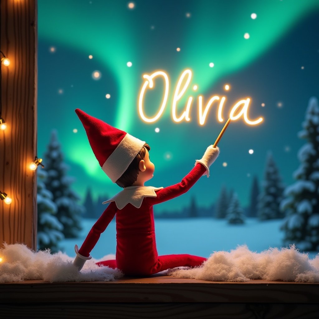 An elf in a red and white outfit with a magic wand writes 'Olivia' in the sky. The backdrop features colorful northern lights and snow-covered trees. The scene conveys a festive, whimsical Christmas ambiance filled with magic and joy.