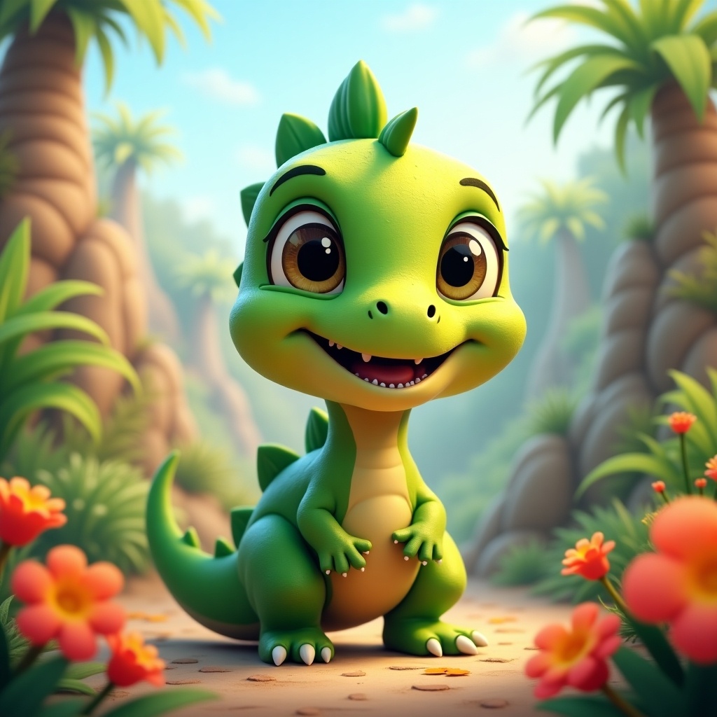 A cheerful baby dinosaur character with big expressive eyes stands in a vibrant jungle setting.