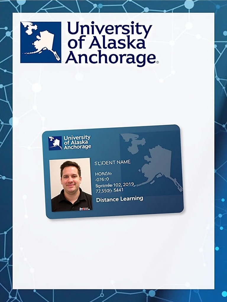 Display of University of Alaska Anchorage student ID card. Logo at the top left corner. Includes student ID number and expiration date. Background shows blue and white colors.