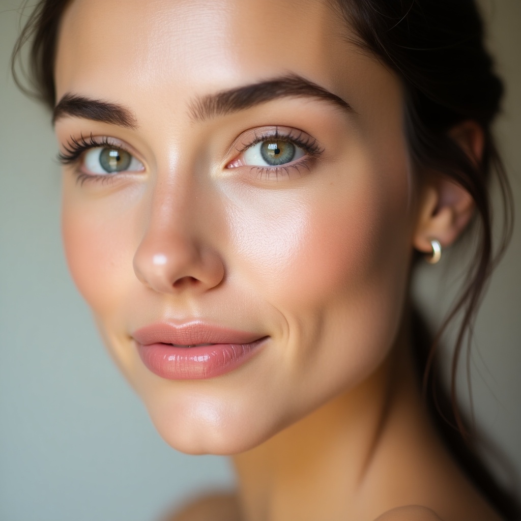 Image shows a woman with fresh skin and natural look. No visible makeup. Glowing complexion enhances beauty. Soft natural lighting highlights facial features. Ideal for skincare products.