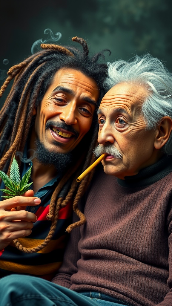 A dreadlocked man and an elderly man share a moment, holding a plant and a pipe.