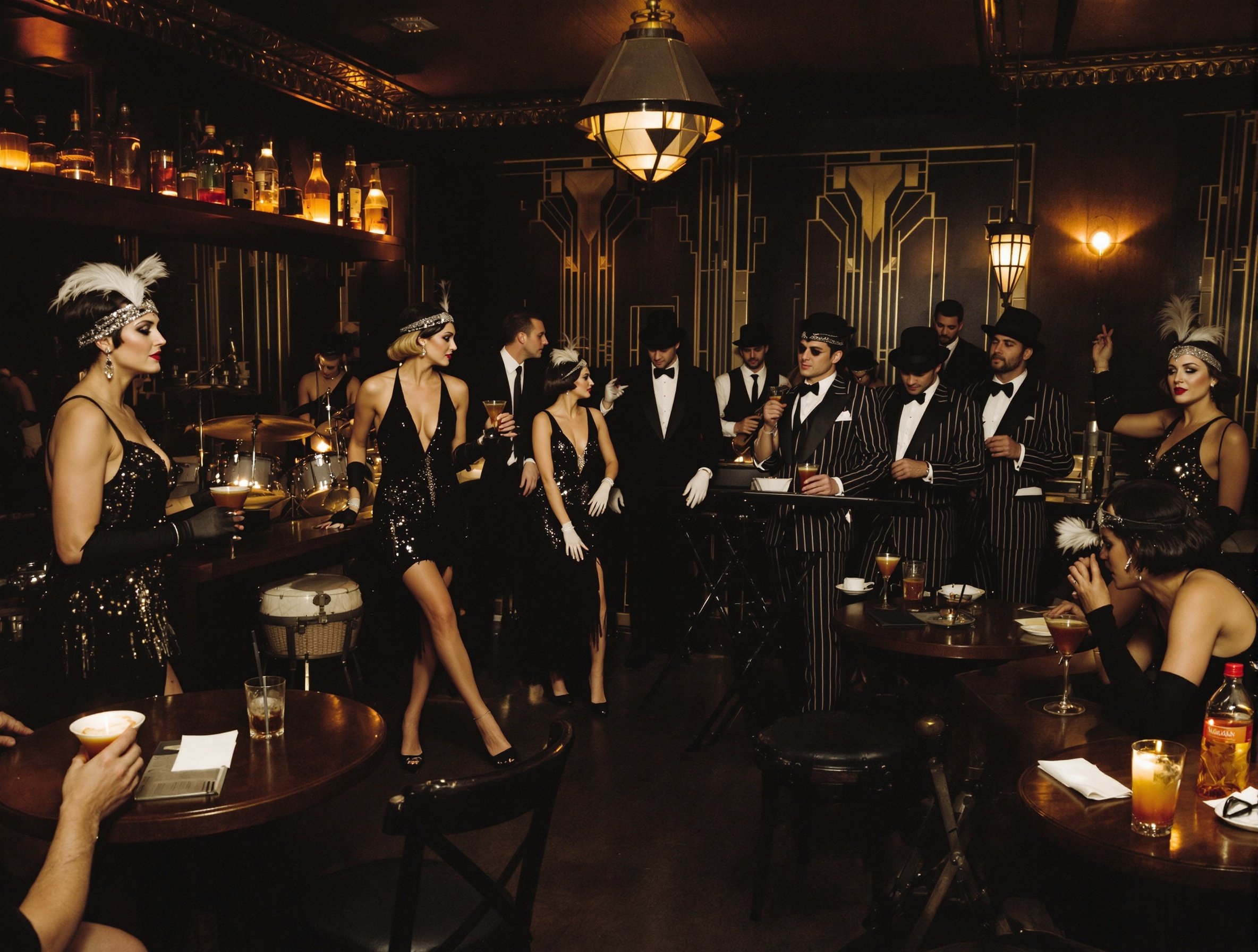 Classic fashion scene set in a vintage speakeasy bar. Individuals wear flapper dresses and tailored suits inspired by the 1920s. The atmosphere is lively and elegant, showcasing period-appropriate styles and accessories.