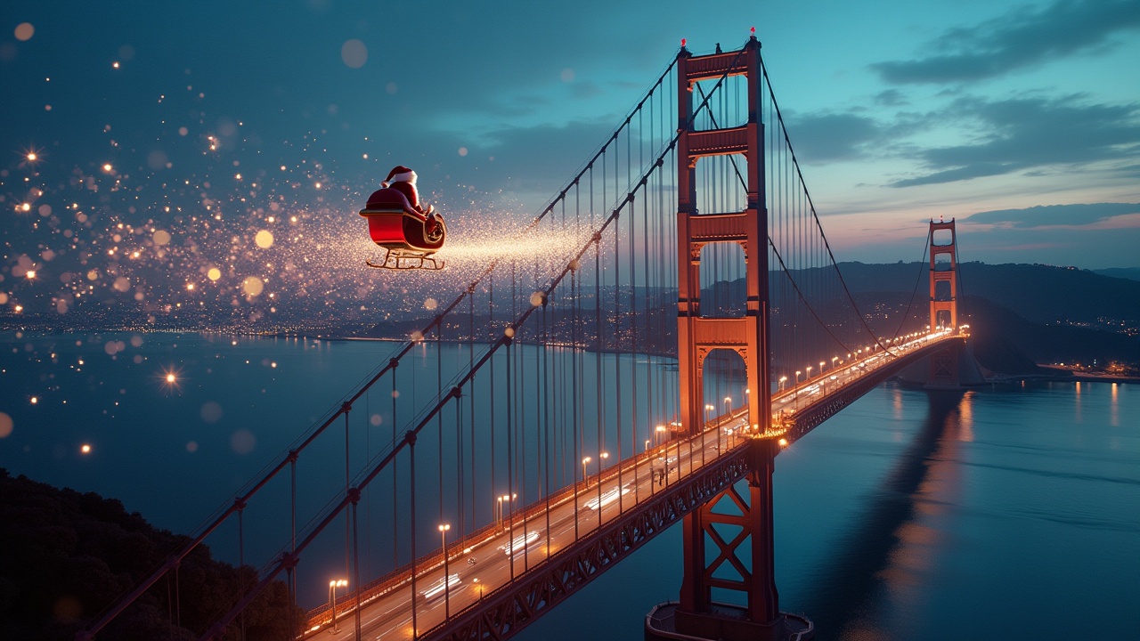 Aerial shot showing Santa in a sleigh flying towards the camera. Sparkles spread from his sleigh transforming into BIM models of landmarks. Tagus Bridge is visible with a magical atmosphere. Shot is ultrarealistic and captures the festive spirit.