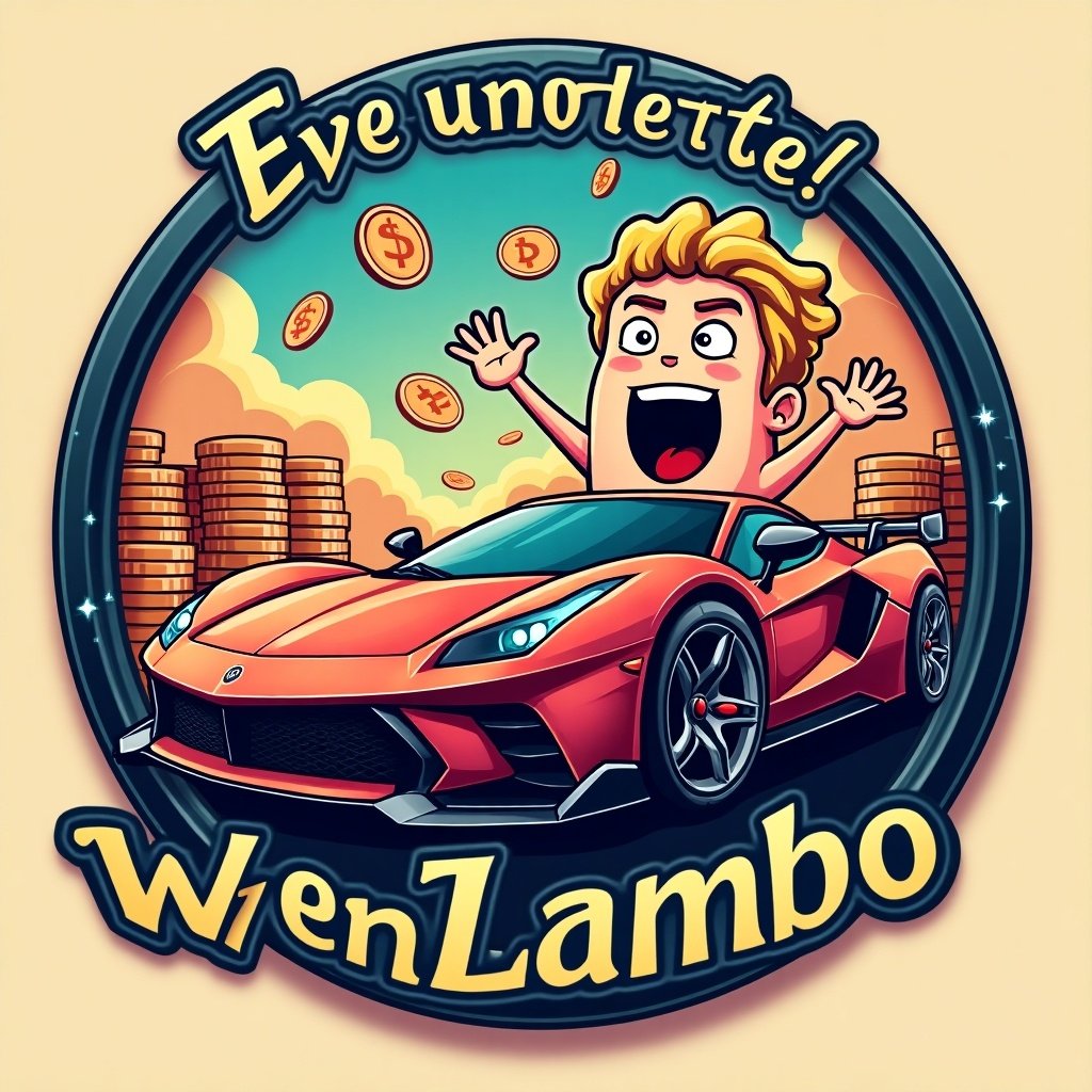 A cartoon-style image featuring an animated character celebrating while sitting in a red sports car. Coins are flying around the character, with stacks of coins in the background. The text reads 'WenLambo' at the bottom.