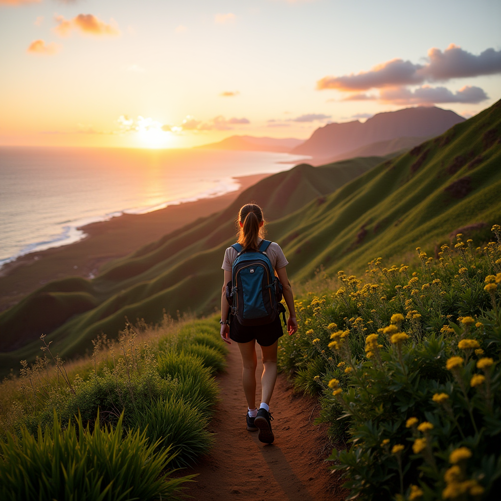 A person hiking through lush green hills with a breathtaking ocean sunset view.