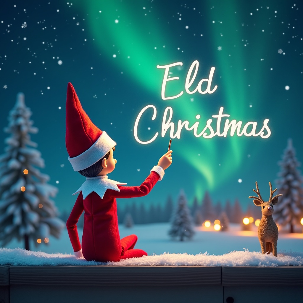 This image features an elf on the shelf character, depicted from behind, facing a night sky. The elf is engaged in a whimsical act, using a magic wand to spell out a child's name in sparkling letters. The background showcases a stunning Christmas landscape, illuminated by vibrant northern lights and dotted with holiday lights. There's a subtle presence of Santa Claus and his sleigh in the distant sky, enhancing the magical atmosphere. Snow-covered trees frame the scene, making it feel like a winter wonderland. Overall, the image captures the essence of Christmas enchantment and childhood wonder.