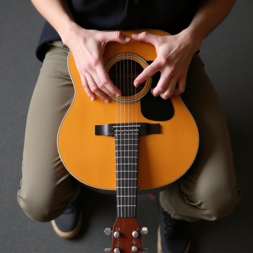 Top-down view of a musician playing fingerstyle on an acoustic guitar. Camera is positioned directly above the guitar. The main focus is on the hands forming chord shapes and fingerpicking techniques. Ideal for instructional content.