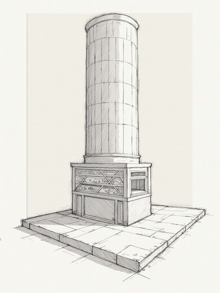 Base drawing of a cylindrical architectural structure. The design includes a square base and intricate details at the bottom.