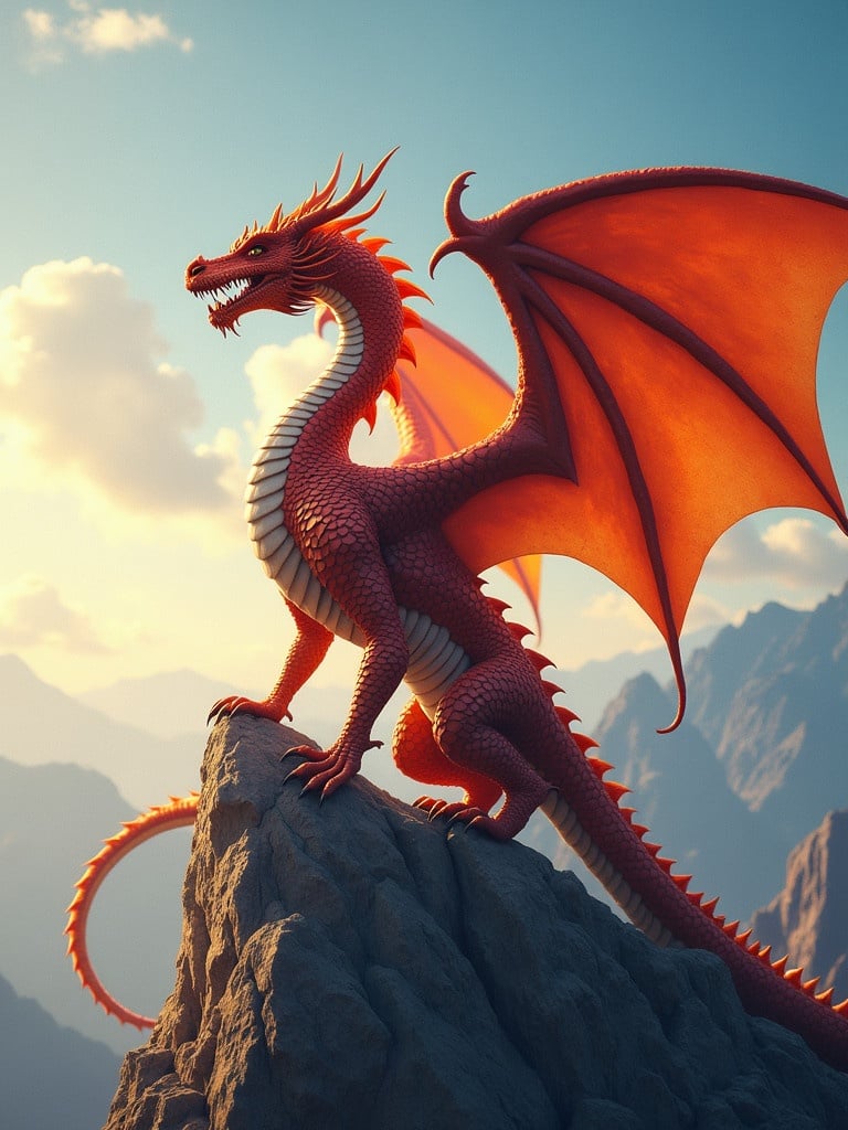 A majestic dragon with two heads perched on a mountain peak. Wings spread wide against a bright sky. Vivid orange and red scales shimmer in the sunlight.