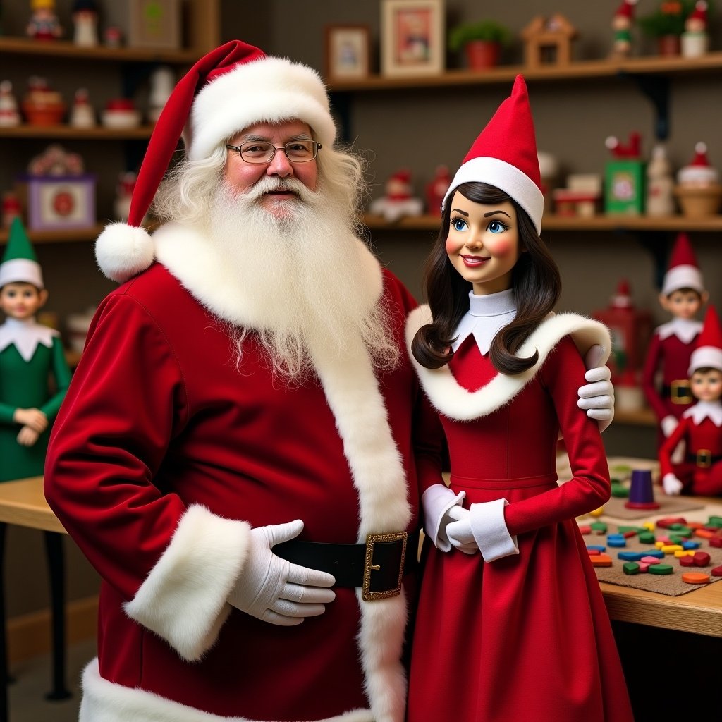 Elf on the Shelf with Santa and Mrs. Claus in a toy workshop. Background features playful elves and colorful decorations.