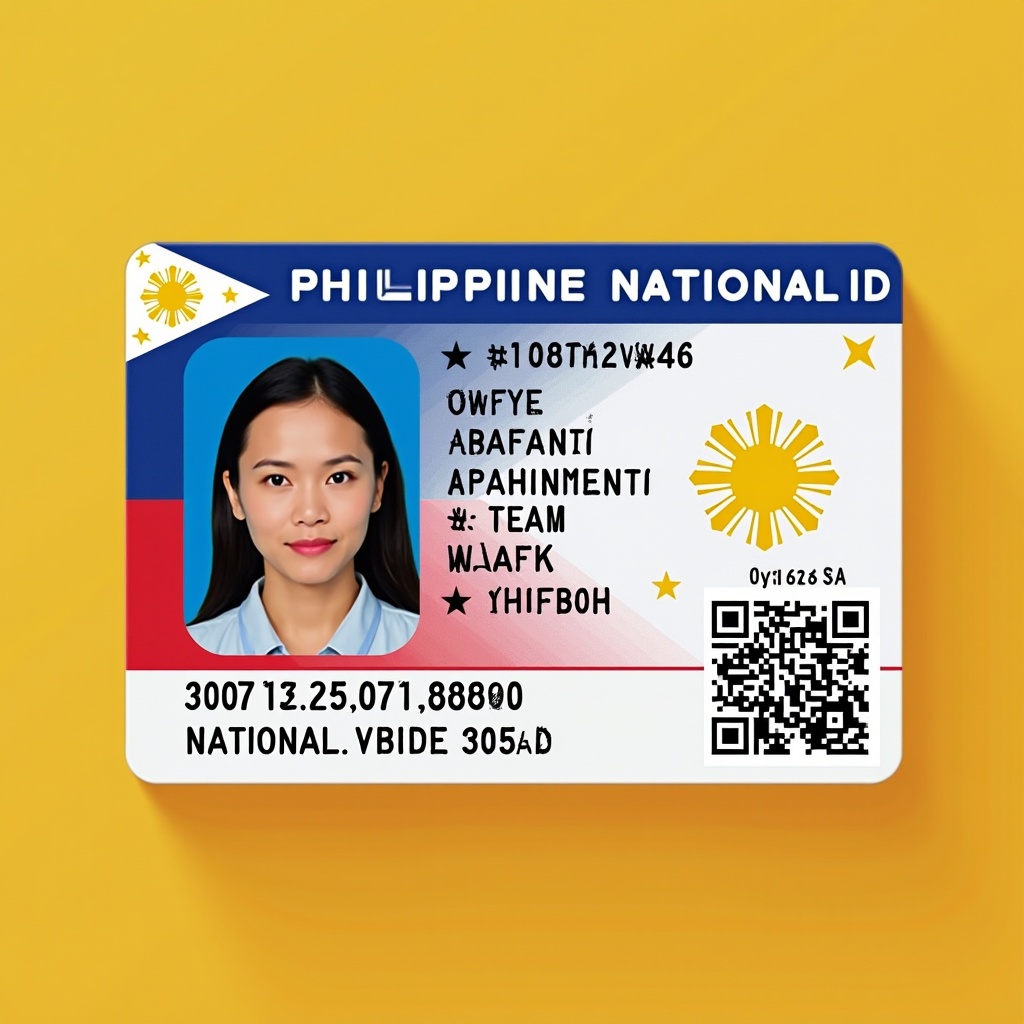 The image showcases a Philippine National ID with vibrant colors that reflect the country's flag. It features a centrally placed portrait of an individual, which serves as the primary focal point. Alongside the portrait, various identifying details such as a unique identification number and a QR code are present for verification. The professional layout ensures clarity in both text and graphical elements. Bright background colors symbolize national pride, encapsulating the significance of national identity. This modern yet formal design plays an essential role in identification across various contexts.