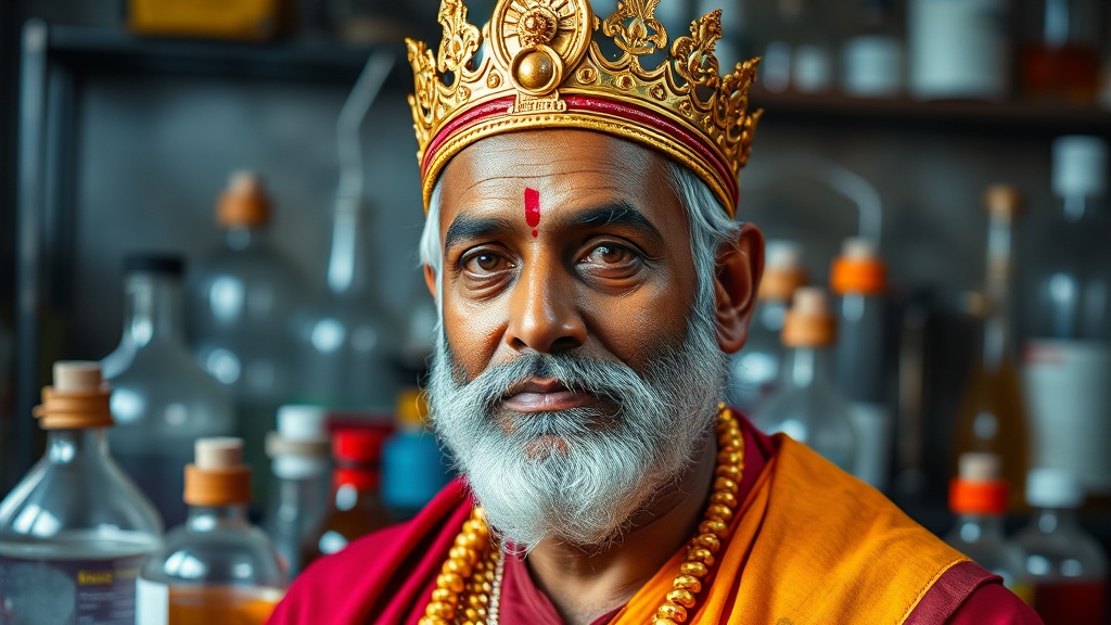 This image portrays an elderly man wearing a golden crown and traditional attire adorned with a beaded necklace. He stands amidst various glass laboratory bottles, suggesting a fusion of royalty with science or alchemy. The man's expression is serene and wise, suggesting a blend of authority and knowledge.