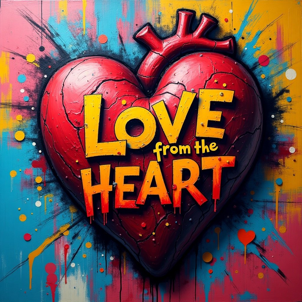 A vibrant expressionist 3D graffiti artwork of a human heart with bold text. The heart is detailed and looks alive with bright colors. The background includes colorful graffiti patterns and abstract splashes.