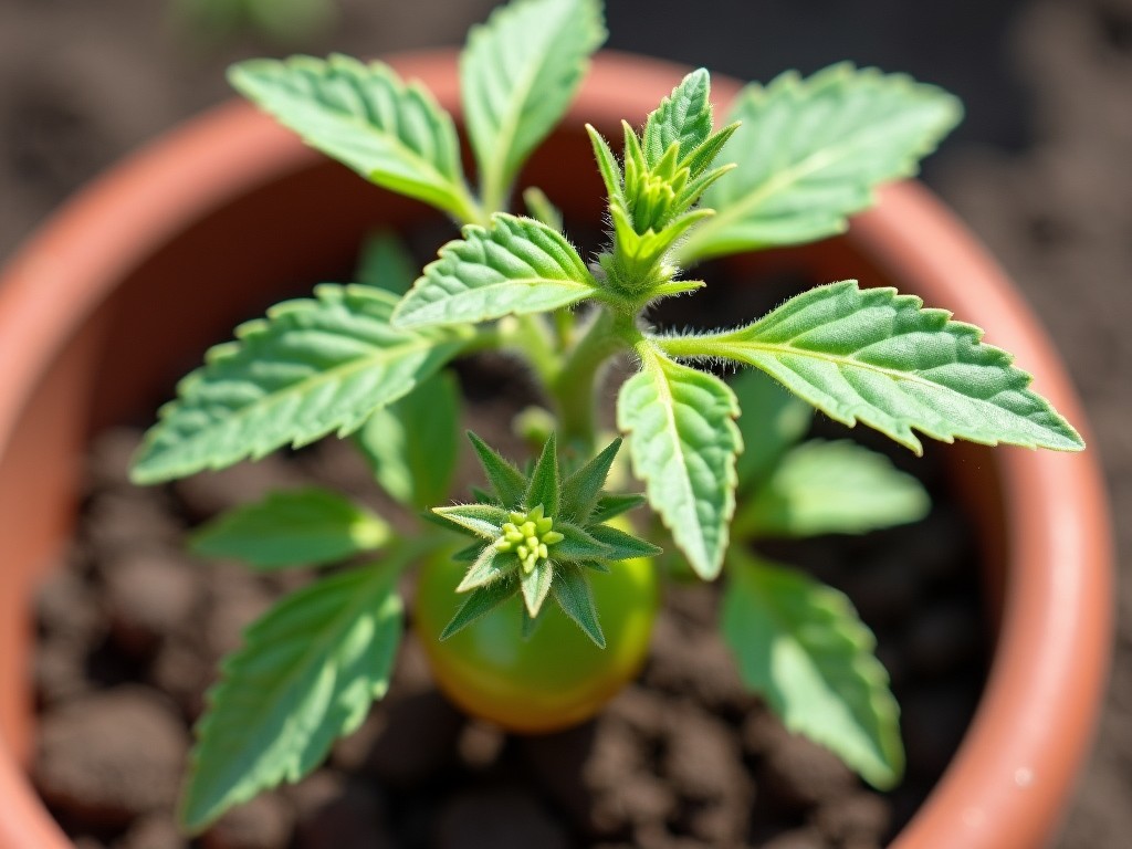 A close-up image of a small plant growing in a pot, with bright green leaves and a soft-focus background.