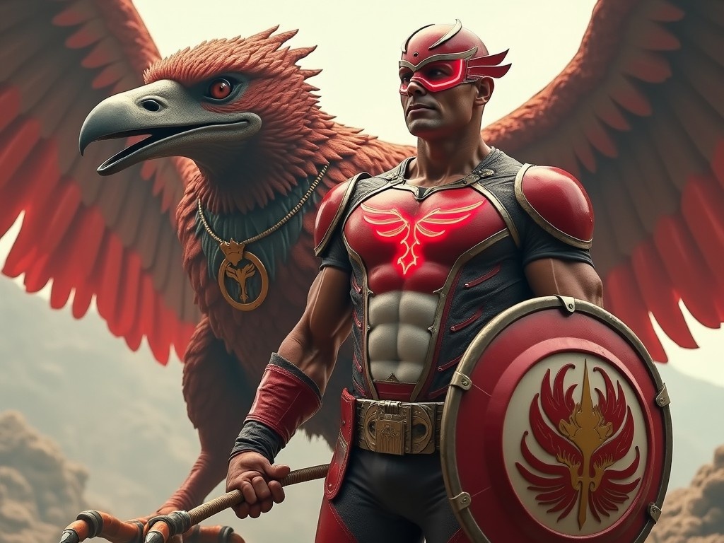 Create an image of 'Captain Indonesia,' a muscular superhero inspired by classic superhero movies. He stands tall in a heroic pose, wearing high-tech armor that reflects the colors of the Indonesian flag. The armor features a red upper body, a white lower body, and intricate designs. The helmet resembles the head of the Garuda bird. Behind him is a massive Garuda bird with giant wings and a strong presence. It wears a military vest and holds a cangging weapon in its talon. Captain Indonesia grips a round shield with the Garuda Pancasila emblem. The background depicts an Indonesian landscape or futuristic city, enhancing the superhero theme.