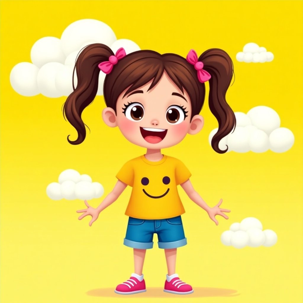 Image of a cartoon girl against a yellow background. She has pigtails with pink ties. She wears a yellow shirt with a smiley face and blue shorts. There are fluffy clouds behind her. She looks very happy and energetic.