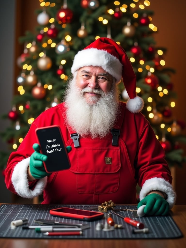 A festive poster features Santa Claus as a cheerful mobile repair technician. Santa wears red overalls and a Santa hat while holding a smartphone displaying 'Merry Christmas from Your Company'. Tools like screwdrivers are around him on a mat. Behind him is a decorated Christmas tree with lights and ornaments. The atmosphere is warm and welcoming promoting mobile repair services during the holiday season.