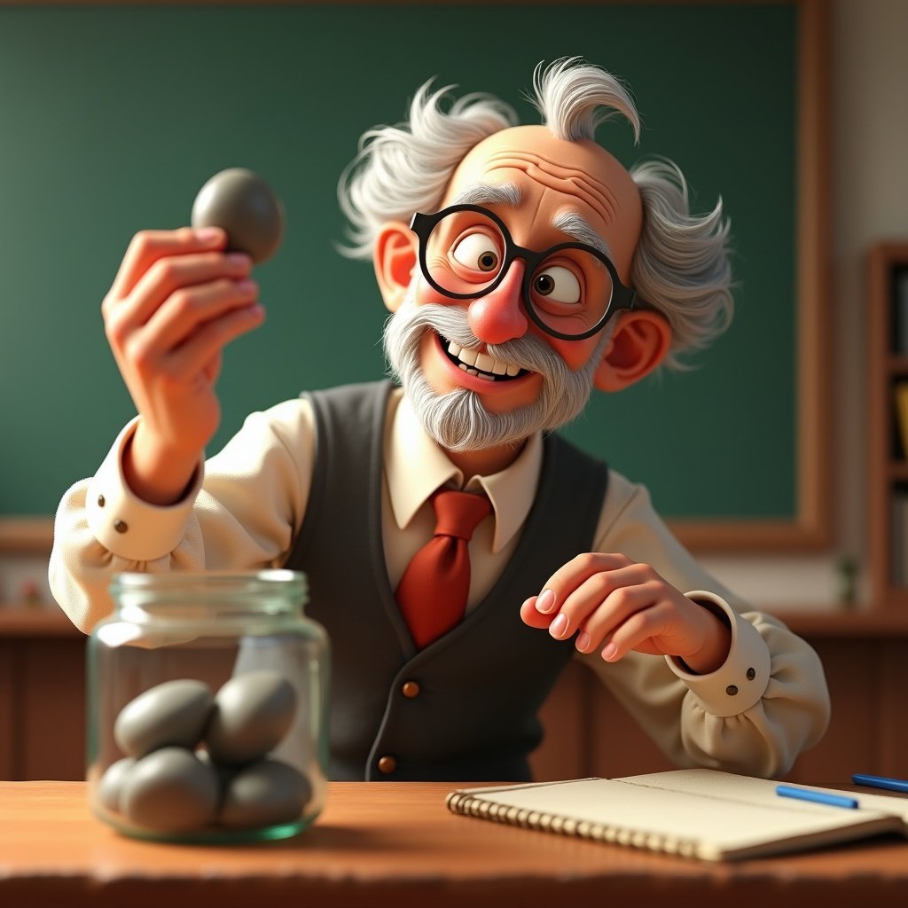 A cheerful professor conducts a hands-on demonstration in a classroom. He holds a large pebble above a glass jar filled with big stones. The professor has a warm expression. The setting emphasizes the importance of his action. He wears a vest and spectacles, showing an engaging personality. The style has a Pixar-like charm making it appealing for all ages.