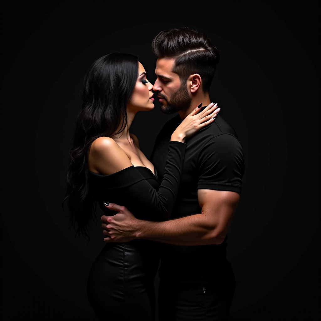 A couple embraces in an intimate gesture. The woman has long dark hair and dramatic makeup. The man has a rugged appearance with short hair. Both are in elegant black attire, enhancing sophistication and allure.