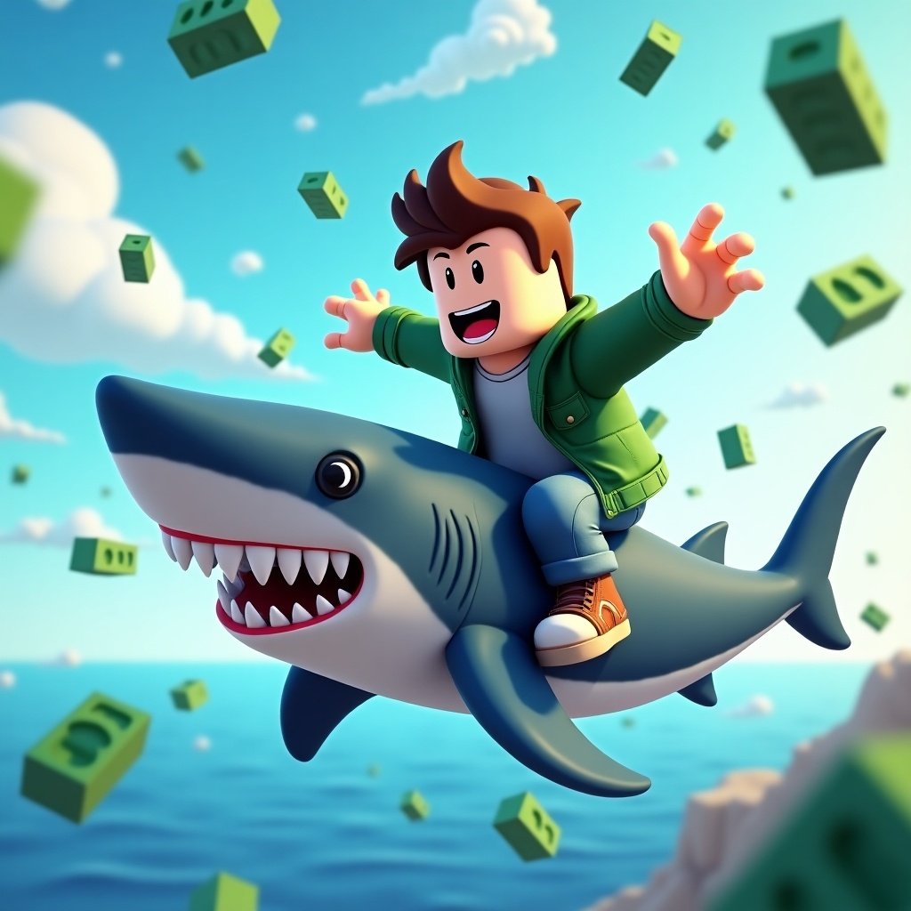 A Roblox noob avatar rides a shark in a cheerful ocean setting. The avatar has spiky brown hair and a green jacket. Bright colors and falling Robux create a fun, adventurous atmosphere.