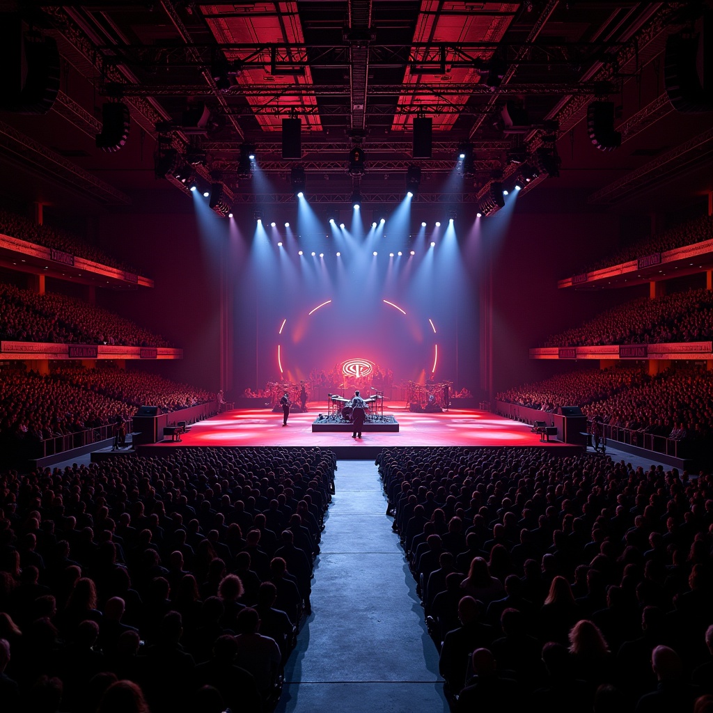 A dramatic view of a Roddy Rich concert at Madison Square Garden, showcasing a large stage with a T-shaped runway. The image is captured from a drone, revealing the massive crowd filled with fans. The stage is illuminated with vibrant red and blue lights, creating an electrifying atmosphere. Performers are visible on stage, engaging the audience below. This setting portrays a high-energy live music experience with a modern design.