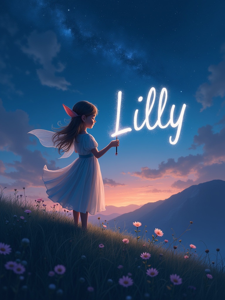 A girl elf-like figure stands on a hill. She writes 'Lilly' in glowing light with a sparkling wand. The sky is starry and the landscape has soft twilight hues. The setting is enchanting and evokes a sense of wonder.