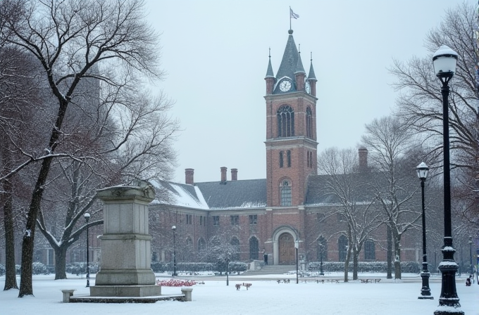 A historic building with a clock tower is surrounded by snow-covered trees and a statue in a quiet winter scene.