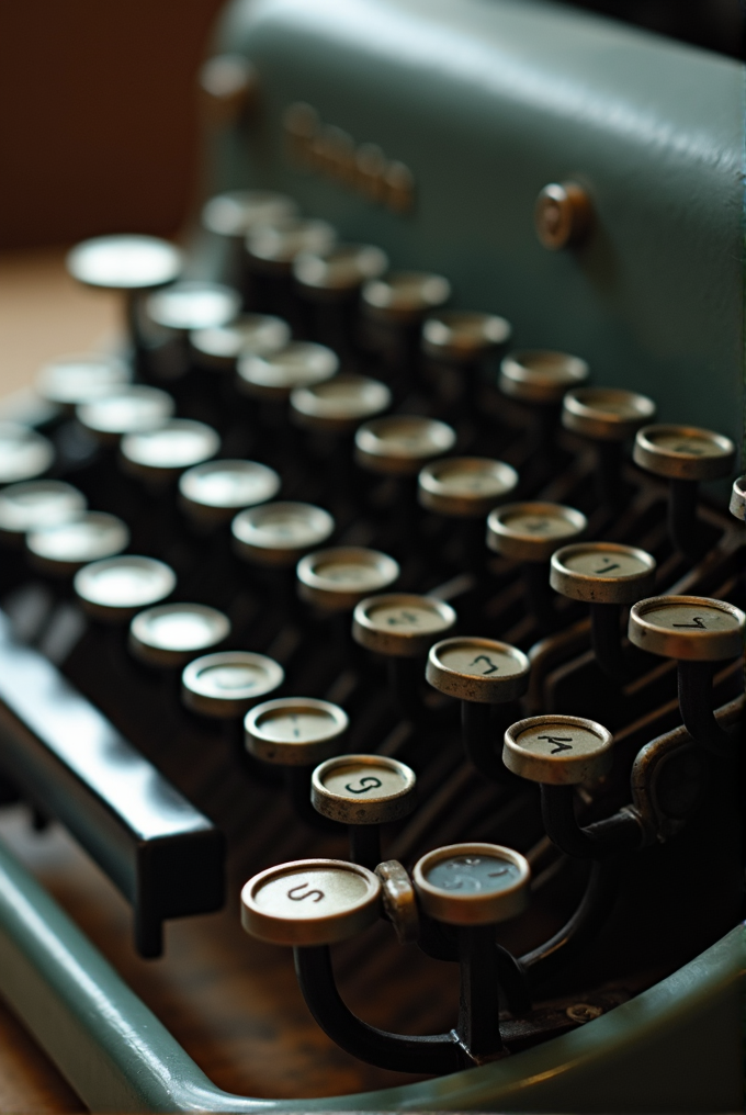 A close-up of an old typewriter's keys, featuring round metal-rimmed buttons with letters and numbers.