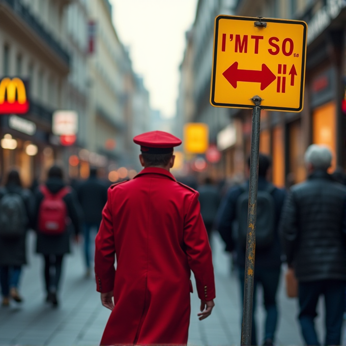 A person wearing a red outfit walks through a busy street with a unique yellow sign in the foreground.