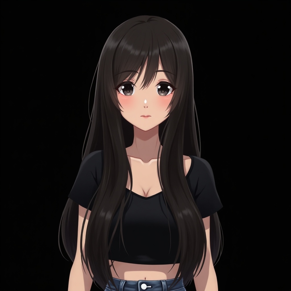 This image features a Korean girl with long, straight black hair. She is wearing a cute black crop top and a jean skirt. Her skin is pale, accentuating her features and her black eyes. Her expression is gentle and inviting. The background is a solid black, making her the focal point of the artwork. The overall style is anime, appealing to fans of digital art and manga aesthetics.