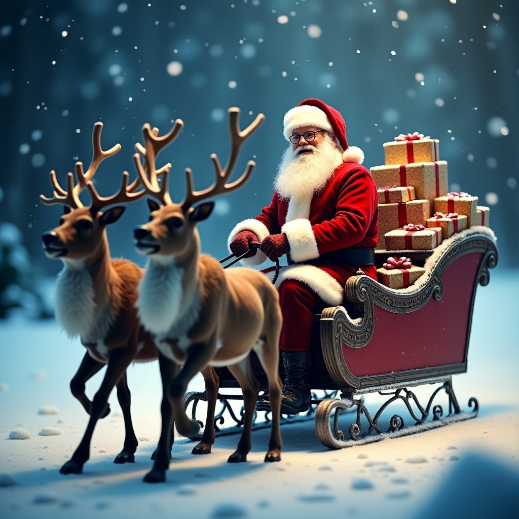 Santa is seated in a sleigh pulled by reindeers. The background shows falling snow. The sleigh is moving slightly diagonal towards the camera with an empty seat behind Santa. There are heaps of gifts near Santa. The lighting is bright like in a living room. The picture is vividly colored.