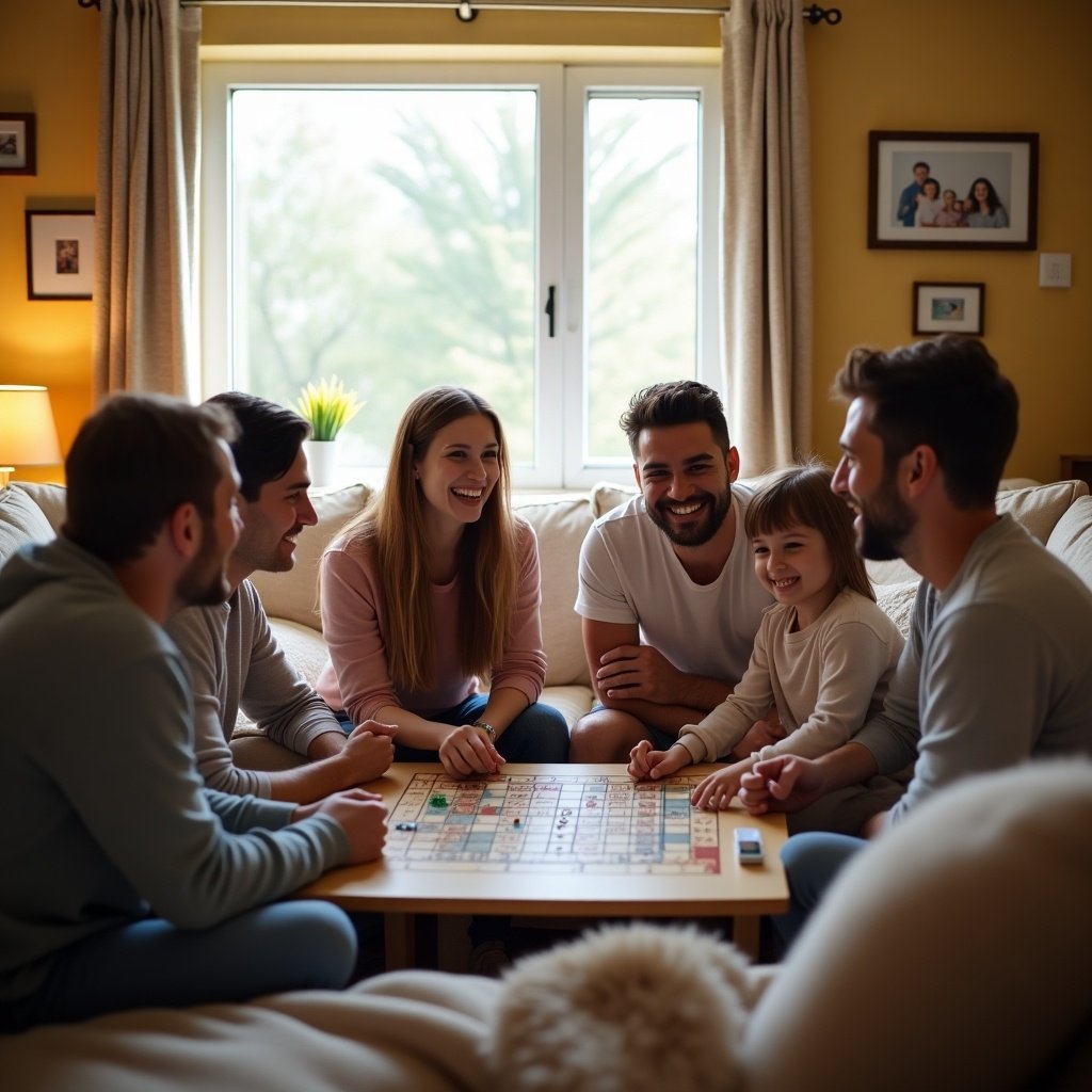 A family enjoys a board game together indoors. They sit on a comfortable couch, surrounded by warm lighting. Laughter and joy fill the room as they interact.