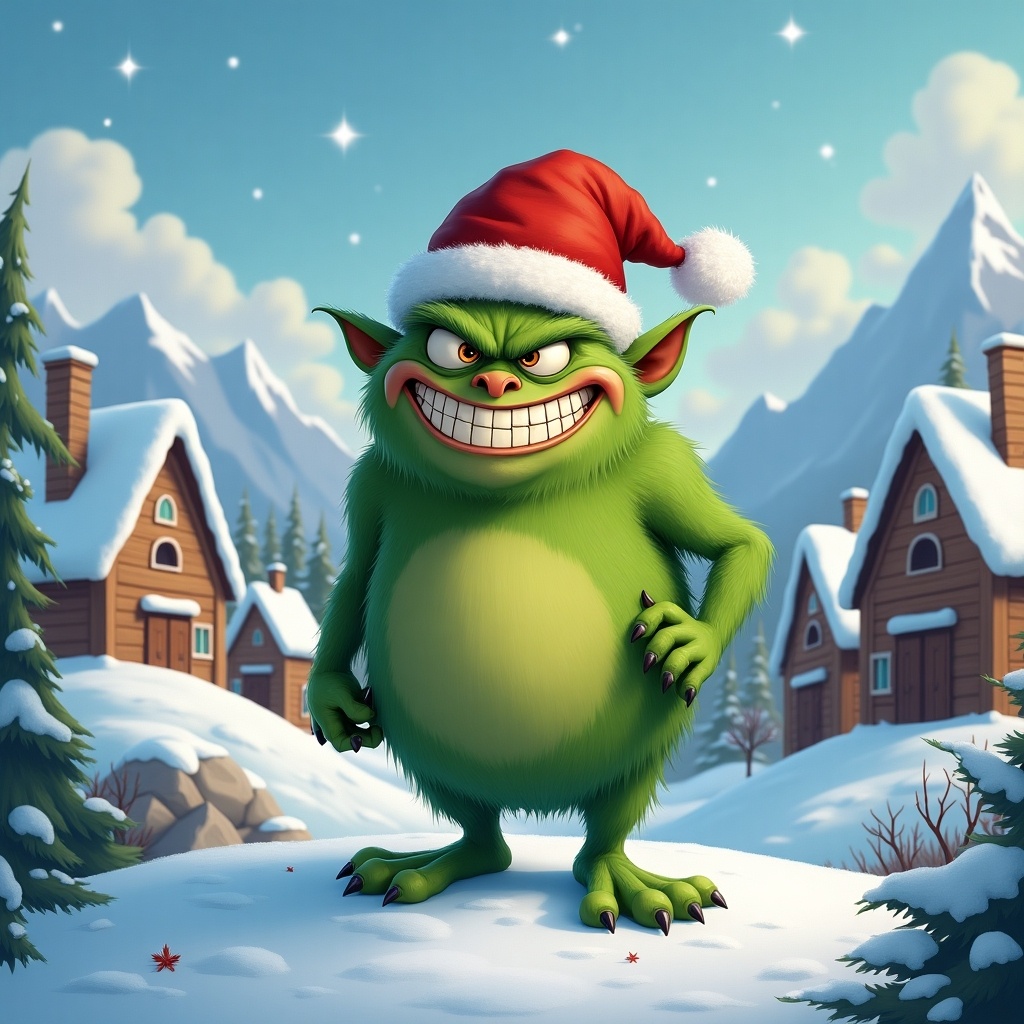 Cartoon character resembling the Grinch with a Santa hat. Green color, smiling and posing. Winter scene with snow and mountains in the background.