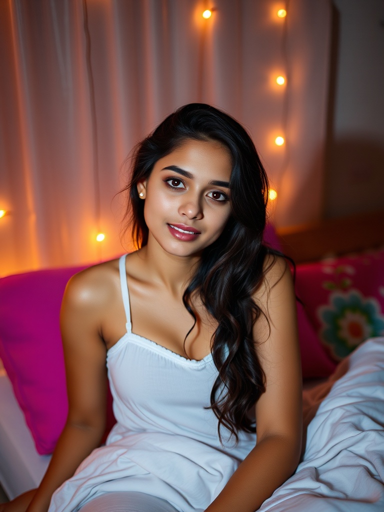 A woman in a white dress sitting on a bed with soft string lights in the background.